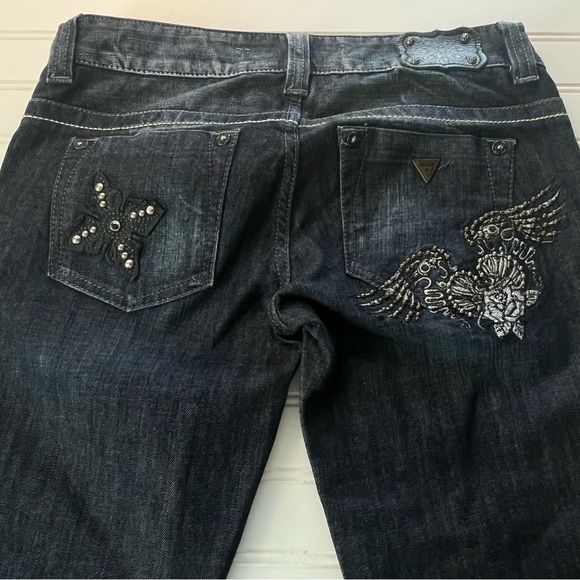 Guess Daredevil Wms Skinny Leg Jean Studded Pkts Front Back Unique Applique Sz28 - Picture 6 of 14